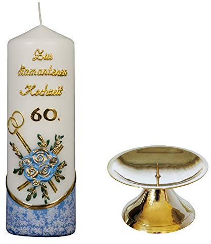 Meissner-Handel Auswahl * Stumpenkerze ''Zur Diamantenen Hochzeit'' * 6 x 18 cm * blau * mit farbigen Wachsauflagen * (Motiv 004) * mit Kerzenständer aus Messing * Auswahl Motiv + Farbe