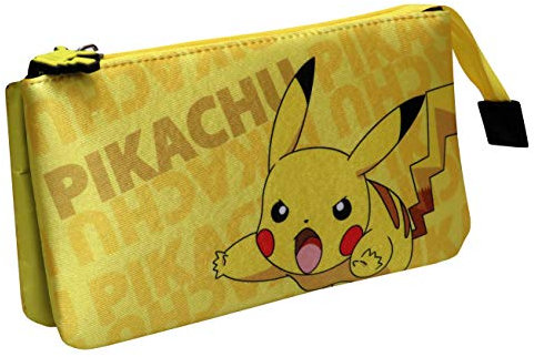 Pokémon Federmäppchen, dreifach, Pikachu-Design, Reißverschluss, mit 5 Fächern für die Schule, Gelb (CyP Brands)