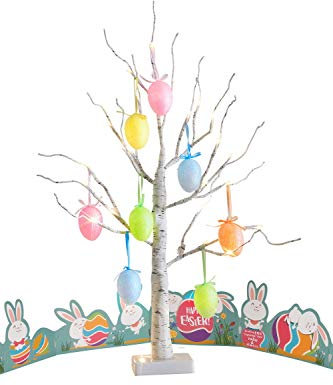 EAMBRITE Easter Egg Tree with Lights Timer Battery Operated White Twig Tree with Easter Decorations Decor for Home and Party (60cm/2ft)