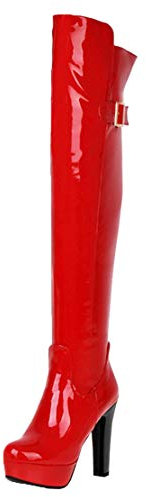 MISSUIT Damen Lack Overkneestiefel High Heels Blockabsatz Boots Plateau Stiefel mit Schnallen und Reißverschluss(Rot,38)