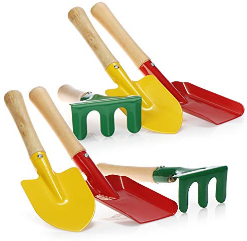 COM-FOUR® Juego de Herramientas de jardinería de 6 Piezas para niños: rastrillo pequeño, Pala y Pala Hechos de Metal Resistente y Madera, jardinería, Playa y arenero (Conjunto 2)