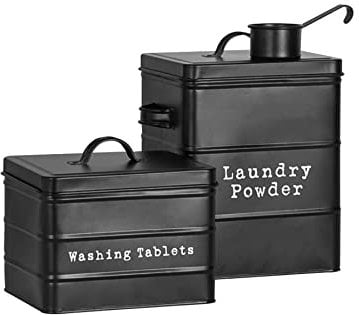 Harbour Housewares Kitchen Utility Canisters - 2pc - Black - Steel Vintage Industrial Under Sink Storage Caddy Cupboard Organiser for Laundry Detergent, Washing Tablets