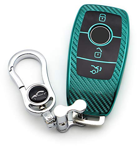 M.JVisun Soft Carbon Fiber Finish Car Key Fob Cover For Mercedes-Benz 2019-2022 A Class C Class G Class 2017-2022 E Class 2018-2021 S Class Electroplated TPU Case With Metal Keychain - Green