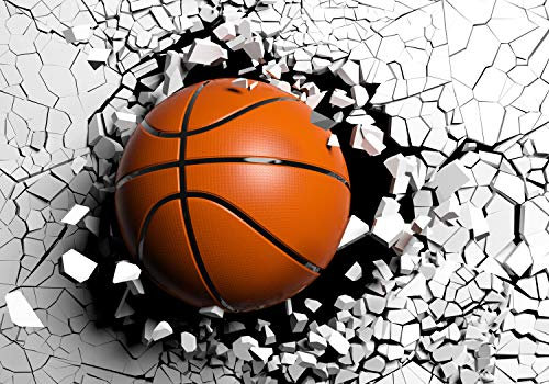 wandmotiv24 Fototapete Wanddurchbruch 3D Optik Ball, XL 350 x 245 cm - 7 Teile, Wanddeko, Wandbild, Wandtapete, Basketball Wand Steine grau M6698