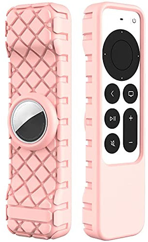 Anti-Rutsch Anti-Lost Shockproof Fernbedienungen Silikon Schutzhülle Cover für 2021 Apple TV 4K 6. Generation & Apple AirTag (Rosa)