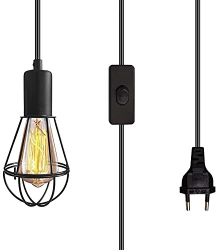 Lustre Corde Rétro avec Prise, kit Suspension Luminaire Industrielle, Lampe Suspendue Cuisine avec Abat-jour en Métal, Douille E27 avec Interrupteur et 6M Cable, DIY Lampe pour Salon Chambre Bar