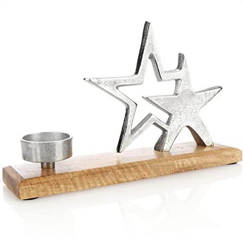 com-four® Kerzenhalter mit Deko-Figur - Dekorativer Kerzenständer aus vernickeltem Aluminium mit Mangoholz-Sockel - Teelichthalter für Kerzen Aller Art