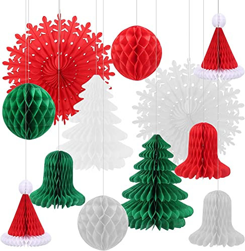 FINDIR 12 Stück Papier Weihnachten Papier Fächer Hängende Dekoration Retro Schneeflocken Papierfächer Glöckchen Weihnachtsbaum Wabenbälle Seidenpapier für Weihnachten Geburtstag Party Rot Grün Weiß