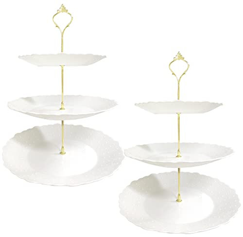 2 Pack 3 Tier Cake Display Stands, Afternoon Tea Stands, White Plastic Cupcake Stand dessert stand for Wedding Birthday