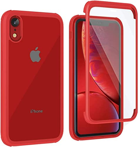 Leedia 360 Grad Hülle Kompatibel mit iPhone XR Hülle Ganzkörper Eingebautem Glas Displayschutz Stoßfest Schutzhülle Transparent Clear Durchsichtig Handyhülle für iPhone XR 6.1 Rot