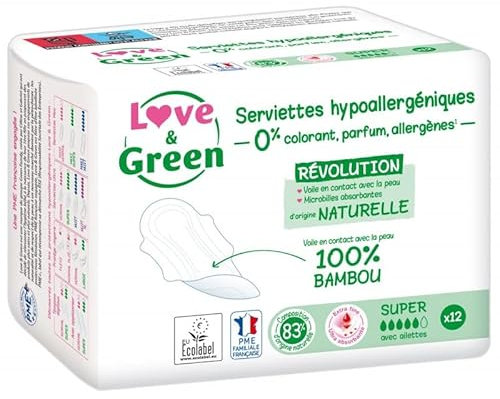 LOVE & GREEN - Serviettes Super Naturelles 0% X12 - Protection discrète et écologique pour femmes - Lot De 3 - Vendu Par Lot