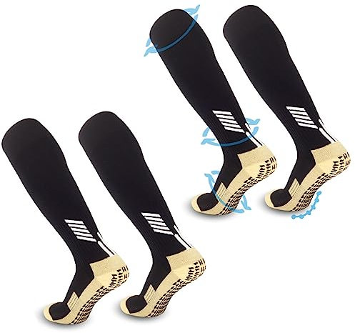 FIBOGOUP 2 Paar Fußballsocken für Herren | Schwarz Universalgröße 39-44 | Flexibel, Rutschfest | Knöchel- und Fußgewölbestützung | Perfekter Sitz, atmungsaktiv | Trete jeden Ball perfekt.