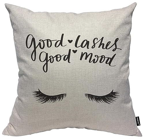 HOSNYE Good Lashes Good Mood Kissenbezug aus Baumwollleinen, handskizzierte Wimpern, Zitat, Kissenbezüge, Heimsofa, dekorativ, 45,7 x 45,7 cm