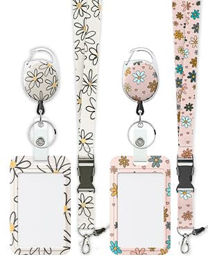Uniclife Lot de 2 Porte Badge Tour De Cou Coulissant Floral Étui en Plastique de Fleur avec Clip de Mousqueton de Bobine de Badge Rétractable et Sangle de Longe Détachable Porte Carte Verticale Dure
