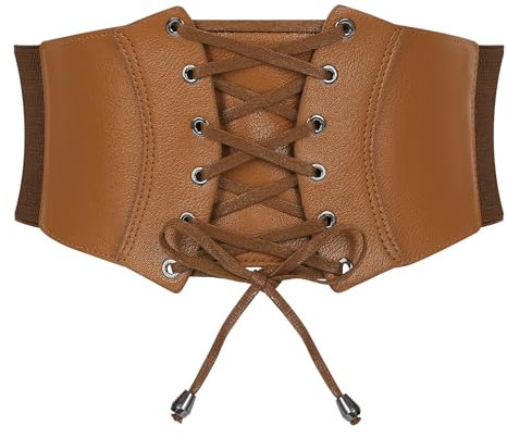 WERFORU Damen Breiter Gürtel Vintage Elastischer Taillengürtel Faux Leder Korsett Gürtel Schnürung Cinch Taillengürtel Braun