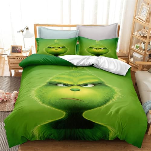 Molinter Bettwäsche Set Weihnachten Grinch Bettbezug mit Reißverschluss 2 Kissenbezüge Cartoon Mikrofaser Bettwäscheset für Allergiker Geeigne (B, 135 x 200 cm+2 Kissenbezüge 50 x 75 cm)