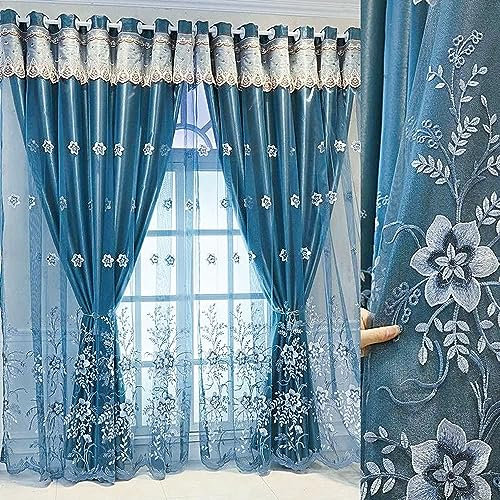 Amidoudou 1 Paar Europäische Doppelschicht Vorhänge Für Wohnzimmer Schlafzimmer Luxus Blume Gestickte Verdunkelungsvorhänge Mit Valance (Blau,140 x 230 cm)(BxH)