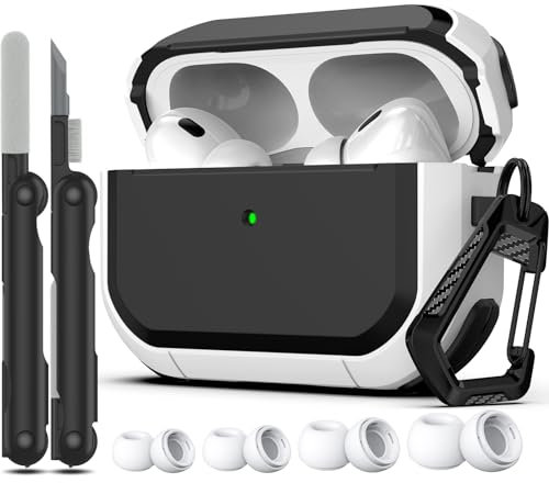 RFUNGUANGO Kompatibel mit AirPods Pro 2/1 Generation Hülle (2023/2022/2019) mit Cleaner Kit, Cool Armor Design und stoßfestes Ganzkörper-Schutzgehäuse mit Schlüsselanhänger,Weiß