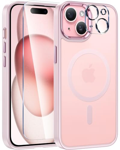 FNTCASE für iPhone 15 Hülle Magnetische: iPhone 15 Handyhülle Translucent Matte Militär Fallschutz Anti Vergilbung Handyhülle - Robuste langlebige Stoßfeste Dünne Schutzhülle Rosa