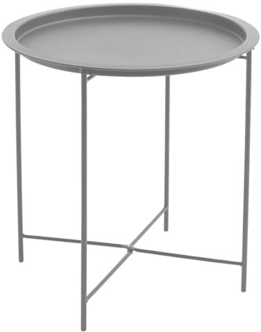 Acomoda Textil – Mesa Auxiliar Plegable de Metal para Recibidor, Salón y Oficina. Mesita de Café Redonda para Centro con Bandeja Extraíble Decorativa, Cómoda y Ligera 47x51 cm. (Gris)