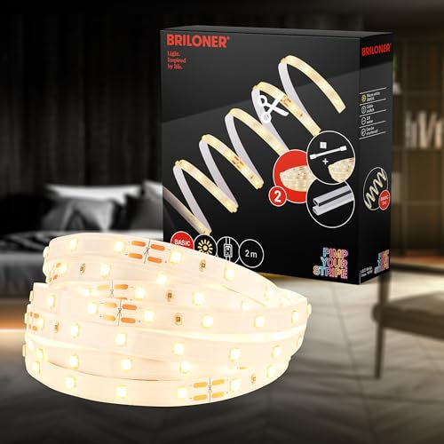 BRILONER – LED Stripe Starter Set 2m LED Strip warmweiß, Kabelschalter, 3m Zuleitung, Kürzbar, Selbstklebend, Streifen, Lichtleiste, Zimmer Deko, Gaming Deko, Lichtband