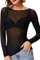 STAR FASHION Sheer Mesh Top Long Sleeve See Through T Shirt Tops for Womens Ladies Stretchy Round Neck Tee T-Shirts Black-SM