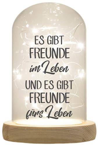 WB wohn trends LED-Glaskuppel, Es gibt Freunde im und fürs Leben, 16,5x11cm, Glasglocke mit LED-Licht und Holz-Fuß LED-Laterne LED-Lampe mit Text Spruch