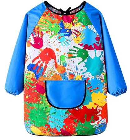 KIMMAX Malschürze Kinder Malerkittel für 7-11 Jahre Mädchen Junge Tuschkittel Wasserdicht Malkittel Bastelschürze für Schule Kunst Malerei Kochen (Blau-Lange Ärmel, M(100-120cm))