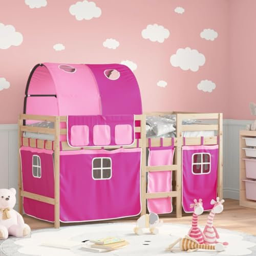 Kinderhochbett aus Massivholz mit Tunnel, Rosa, Einzel-Etagenbett, 80 x 200 cm, Sicherheitsgitter und Leiter im Lieferumfang enthalten