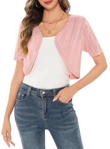 Aottori Strickjacken für Damen Kurz Bolero Elegant Festliche Cardigan Sommer Leicht Schulterjacke Kurzarm Brautjacke Abendkleid Hochzeit Rosa M