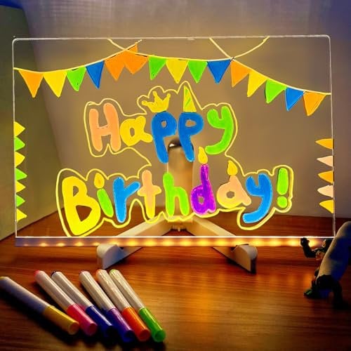 YOUYIKE LED Note Board with Colors, Nachrichtentafel mit LED-Leuchten, beleuchtete Acryl-Tafel mit Ständer und 7 Farbstiften, Weihnachten, Geburtstag, Muttertag, DIY-Geschenk (300 x 200 x 3 mm)