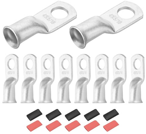 DMiotech 10 Pcs 4 AWG - 5/16 Tinned Copper Cable Lugs, Battery Cable Ends, Heavy Duty Copper Wire Lugs with 10pcs Heat Shrink Tubing for Electrical Projects, Silver