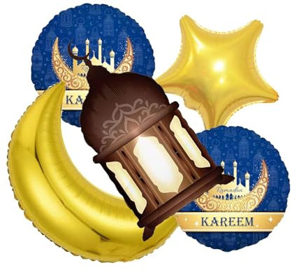Ramadan Ballon, 5 Stück Eid Mubarak Folienballons Set Ramadan Luftballons Laterne Stern Eid Mubarak Dekoration Ballons für Feiertagsdekoration Partyzubehör (Blau)