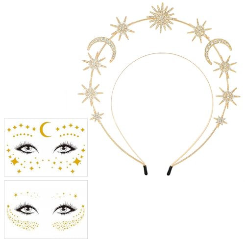GWAWG Haarreif Sonne Mond und Sterne, Glitzer Sonne Mond Sterne Haarreif Zubehör, Sonne Krone Sterne Kristall Stirnband mit 2 Sonne Temporäre Tattoo für Damen Boho Hochzeit Karneval Kopfschmuck