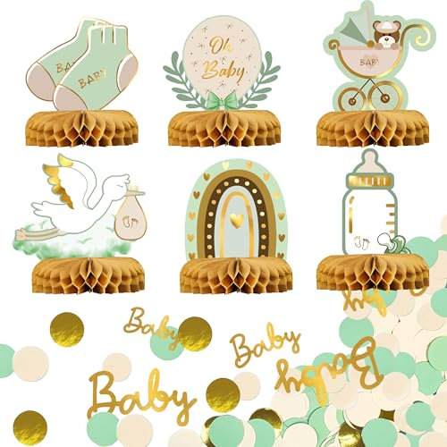 Syoulin Babyparty Deko & Tischdeko, 'Oh Baby'-Motiv, Storch-Geburtsmotiv, Baby-Konfetti und Bienenwaben-Mittelstück als Tischdekoration für Baby Shower, Taufe, Geschlechter-Enthüllungsparty