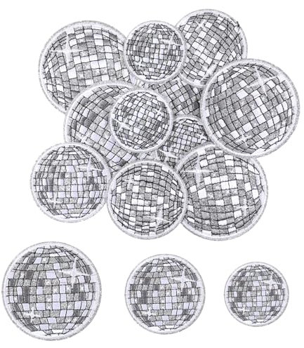 Lnngub 12 Pcs Disco Ball Iron On Patch,Bling Disco Ball Patches Music Party Bling Balls Iron On Patches for Hats T Shirt Jeans Skirt Bag DIY Sewing Craft Decoration(Silver)