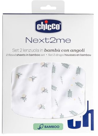 Chicco Ensemble de Draps en Fibre de Bambou, Lot de 2 draps-housses pour berceau, Compatible avec les Matelas 50x83 cm, Fantaisie avec des feuilles et escargot, Fabriqué en Fibre de Bambou
