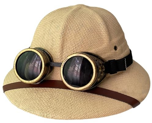 Chapeaux de paille pour hommes, casque de moelle à bord large classique avec lunettes, protection UV Protection paille d'été légère réglable pour plages, parcs, camping, randonnée, chapeaux beige