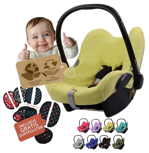 Frottee Sommerbezug [Schonbezug für Babyschale] Autositz kompatibel mit Maxi Cosi Cabrio Fix + GRATIS Gurtpolster (sonnengelb + GP)