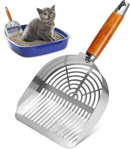 Paletta per Lettiera Gatto Metallo Cat Litter Scooper con Manico in Legno Cucchiaio per Sabbia Pala per Gatti Distanza dei Fori 3.5 mm e 5 mm Paletta Antiaderente per Sabbietta Accessori per Gatti