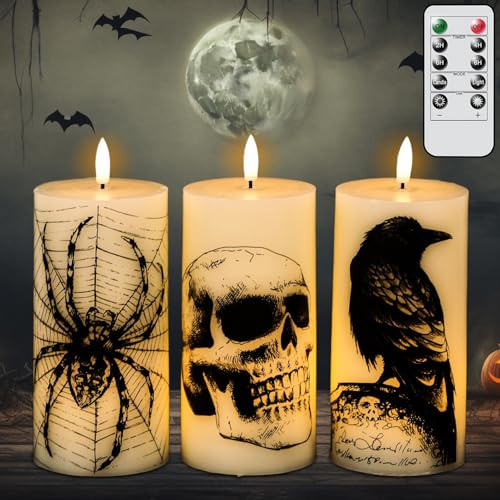 DRomance Flammenlose Halloween-Kerzen, batteriebetrieben mit Fernbedienung und Timer, Echtwachs, 3D-Docht, LED-Stumpenkerzen, Totenkopf, Krähe, Spinnennetz, Aufkleber, Abendessen, Halloween-Dekoration