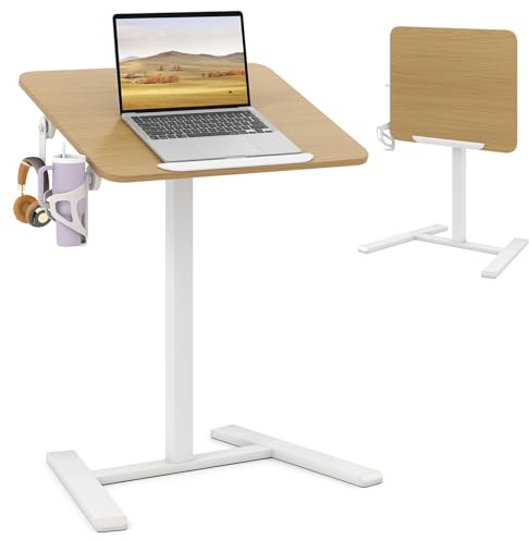 GYMAX Beistelltisch mit versteckten Rädern, Laptoptisch fürs Bett 69,5-104 cm, Pflegetisch mit neigbarer Tischplatte, Haken & Getränkehalter, Beistelltisch Pflegebett für Krankenhaus, Zuhaus