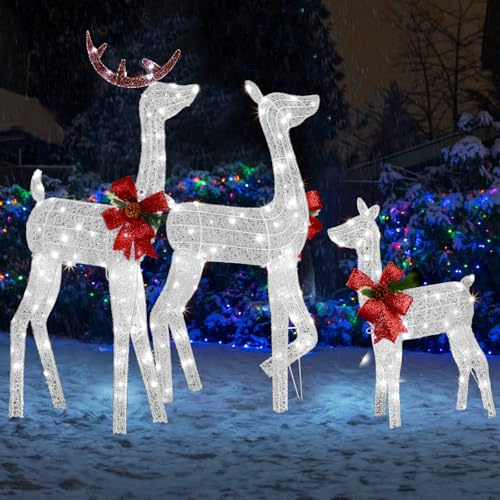 Outopee 3pcs Lighted Christmas Reindeer Decoration, Waterproof 2D Light Up Xmas Deer Family Set Ornament with 200LED Lights & Metal Stakes for Indoor Outdoor Yard Porch Garden Lawn, White