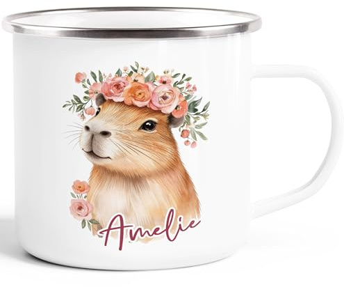 SpecialMe® Kinder-Tasse Emaille personalisiert mit Name Capybara Blumenkranz Wasserschwein Geschenkidee für Kinder Mädchen Weiss-silber standard