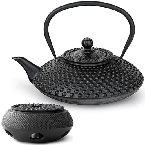 Bredemeijer Gusseisen Teekanne Set 1,25 Liter in Schwarz - flache Asia Guss-Kanne Induktion mit Stövchen & Teefilter-Sieb-Einsatz