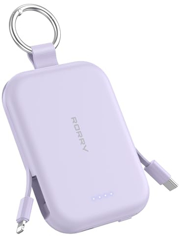RORRY CharmGo - Batteria esterna portatile da 5000 mAh, con cavi integrati e portachiavi, per iPhone 17/16/15, viola