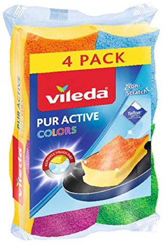 Vileda PurActive Colors Reinigungsschwämme, entfernen selbst hartnäckigsten Schmutz ohne zu Verkratzen, empfohlen für Teflon-beschichtete Oberflächen, leicht ausspülbar, mehrfarbig, 4er Pack