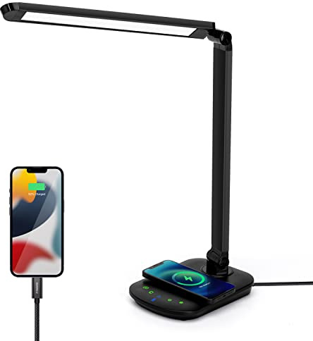 Aigostar LED Schreibtischlampen mit QI Kabelloses Ladefunktion und USB, Tageslicht Tischlampe LED Dimmbar 2700K-6500K, Augenschutz LED Tischleuchte mit 5 Farb und 5 Helligkeitsstufen