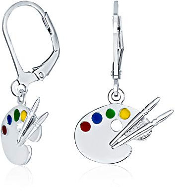 Painter Drawing Multi Color Enamel Future Artist Palette Art Paint Brush Dangle Earrings For Women Teen Art Teacher Women .925 Sterling Silver