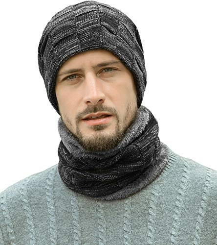Unbekannt Herren Wintermütze Schal Set,Warm Strickmütze und Schal mit Fleecefutter,Winter Wärme Beanie Mütze Strickschal Set für Damen und Herren,Schlauchschal Hüte Mützen (Schwarz)